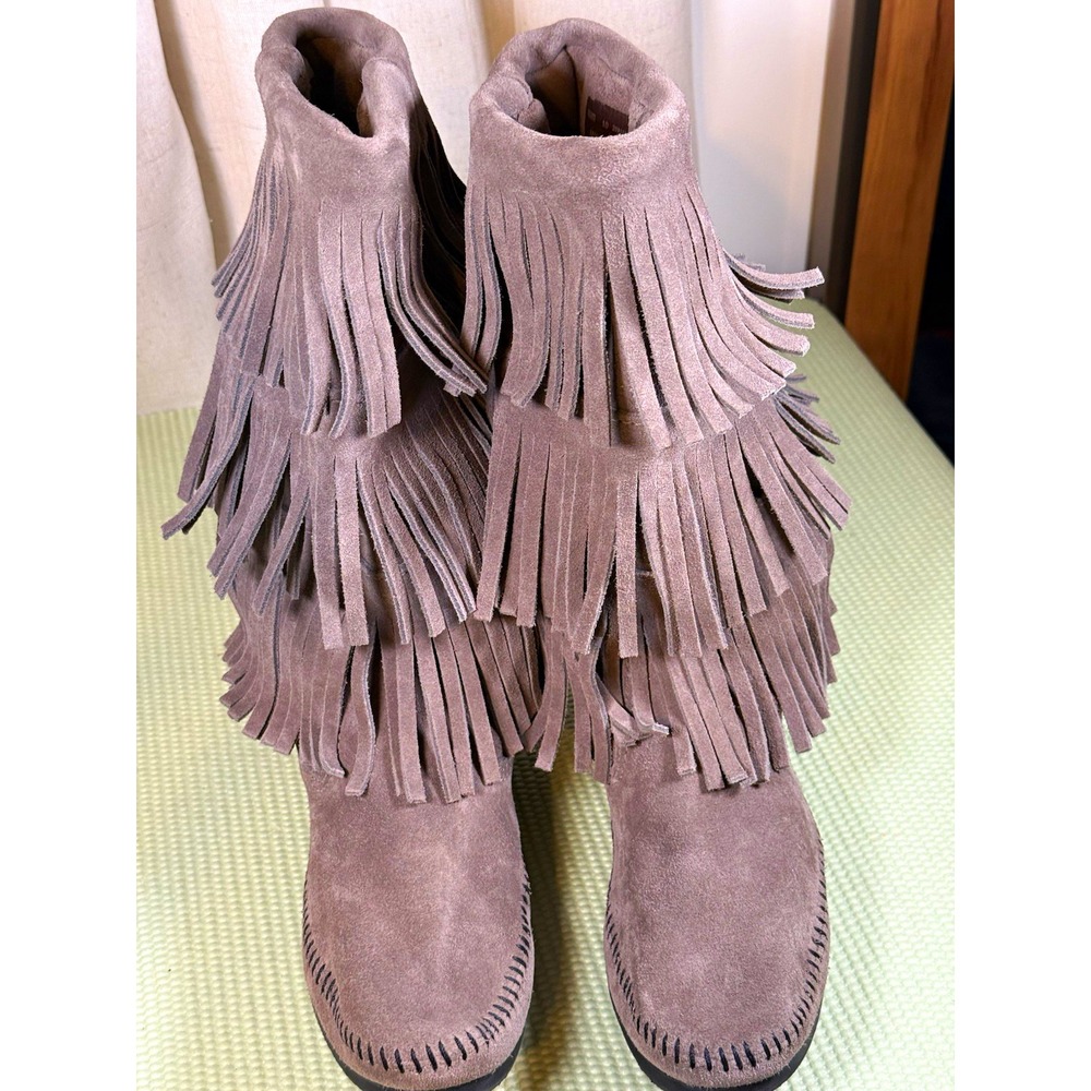 Minnetonka 1631T Gray Suede Triple Fringe Mid-Calf Pull On Boots Women's 10